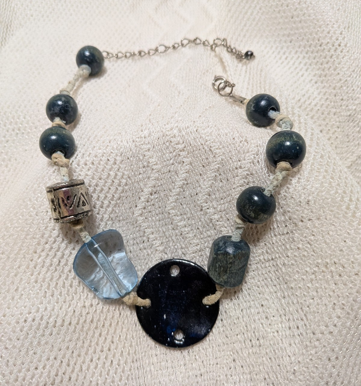 Handmade Boho Beaded Anklet Bracelet Mixed Materials Blue Glass & Metal Bead