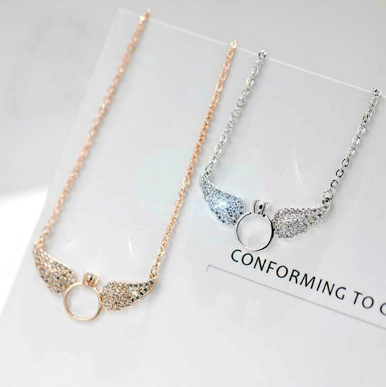 Angel Wing Ring Rose Gold/Silver SP Pave Cubic Zirconia Pendant Chain Necklace