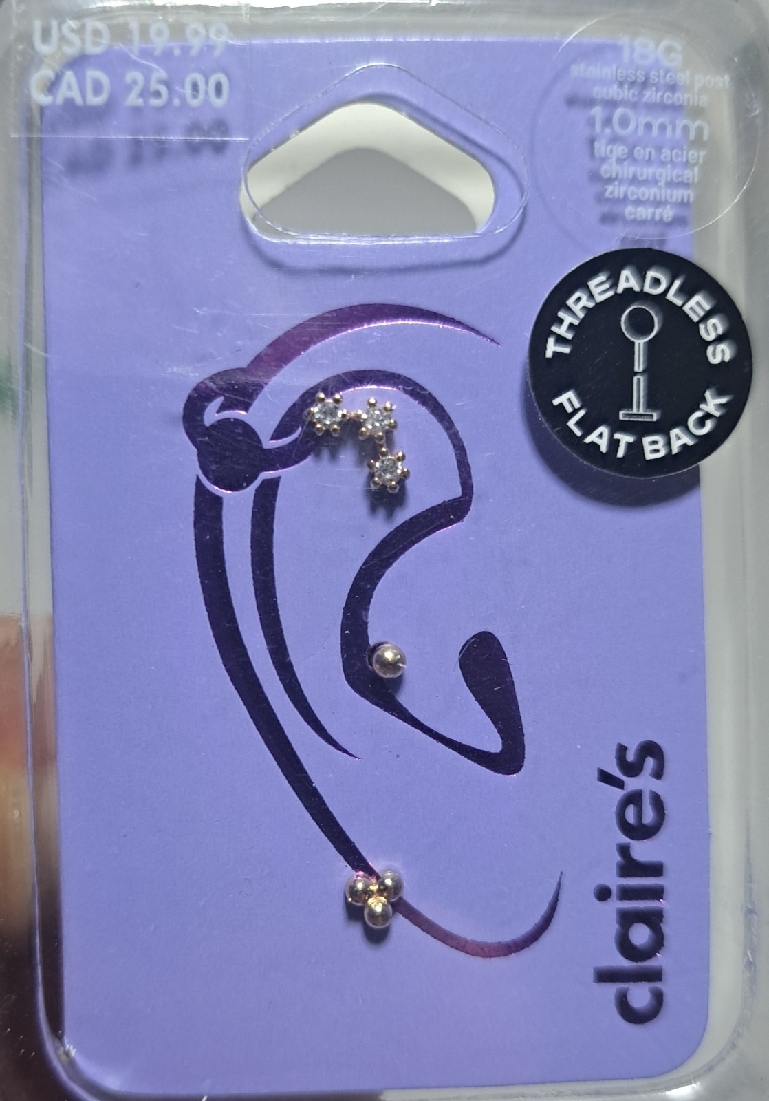 Claires Stud Earrings Set Of 3 18G 1.0mm Stainless Steel Cubic Zarconia NEW