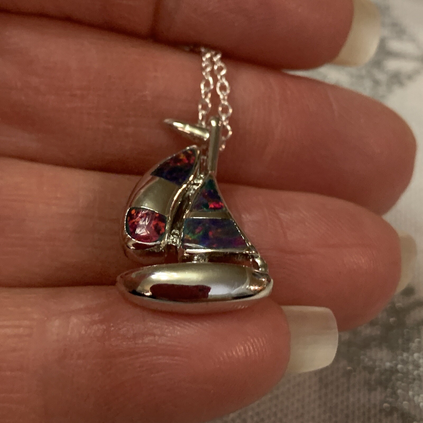 New Sterling 925 Sailboat Pendant With Fire Opal Inlay + New 925 Chain-18 Inches