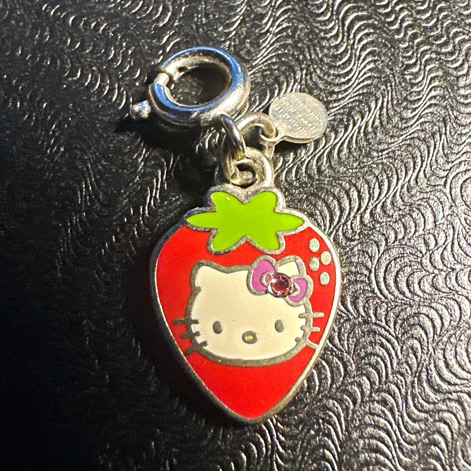 Y2K VINTAGE Hello Kitty Strawberry Enamel Charm, Spring Ring, Red/Silver Tone