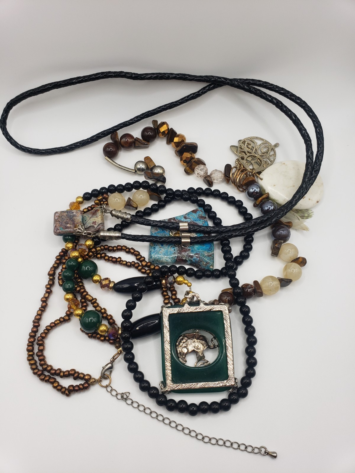 Lot of 3 Artisan Boho Statement Necklaces Elephant Dragonfly Bolo Tie Beaded