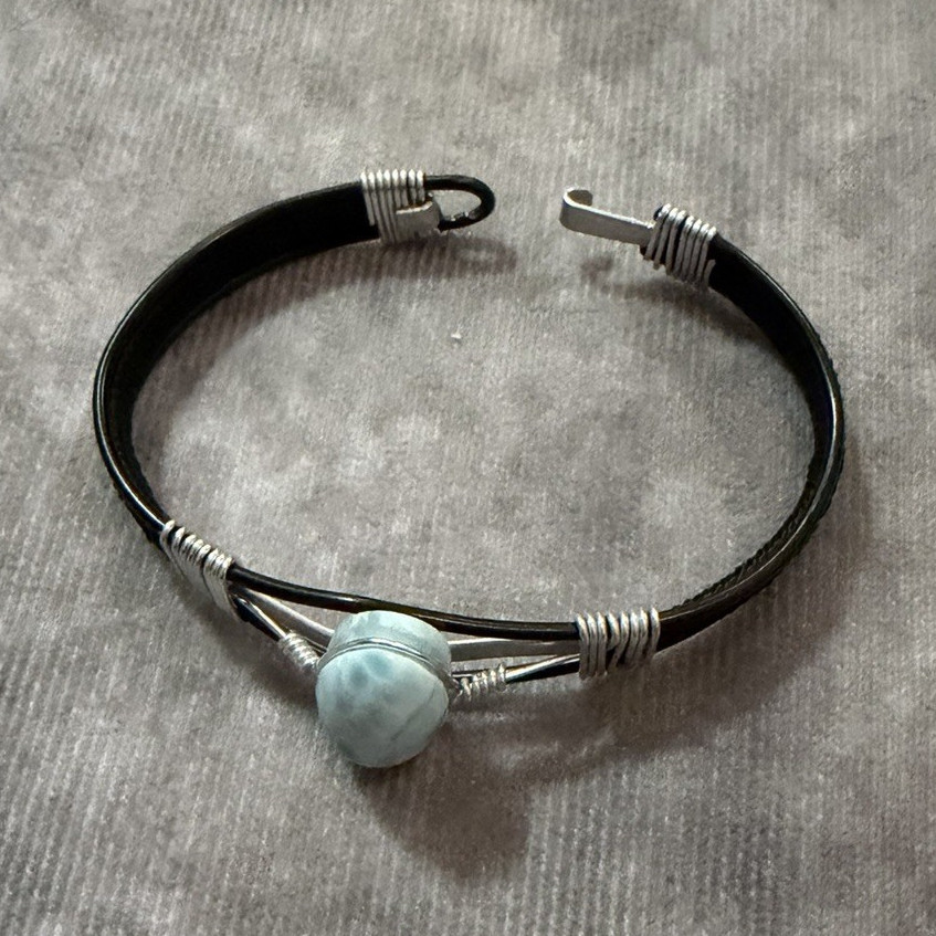 Leather & Metal Cuff Bracelet, Wire Wrap Round Blue Stone, Hook Closure