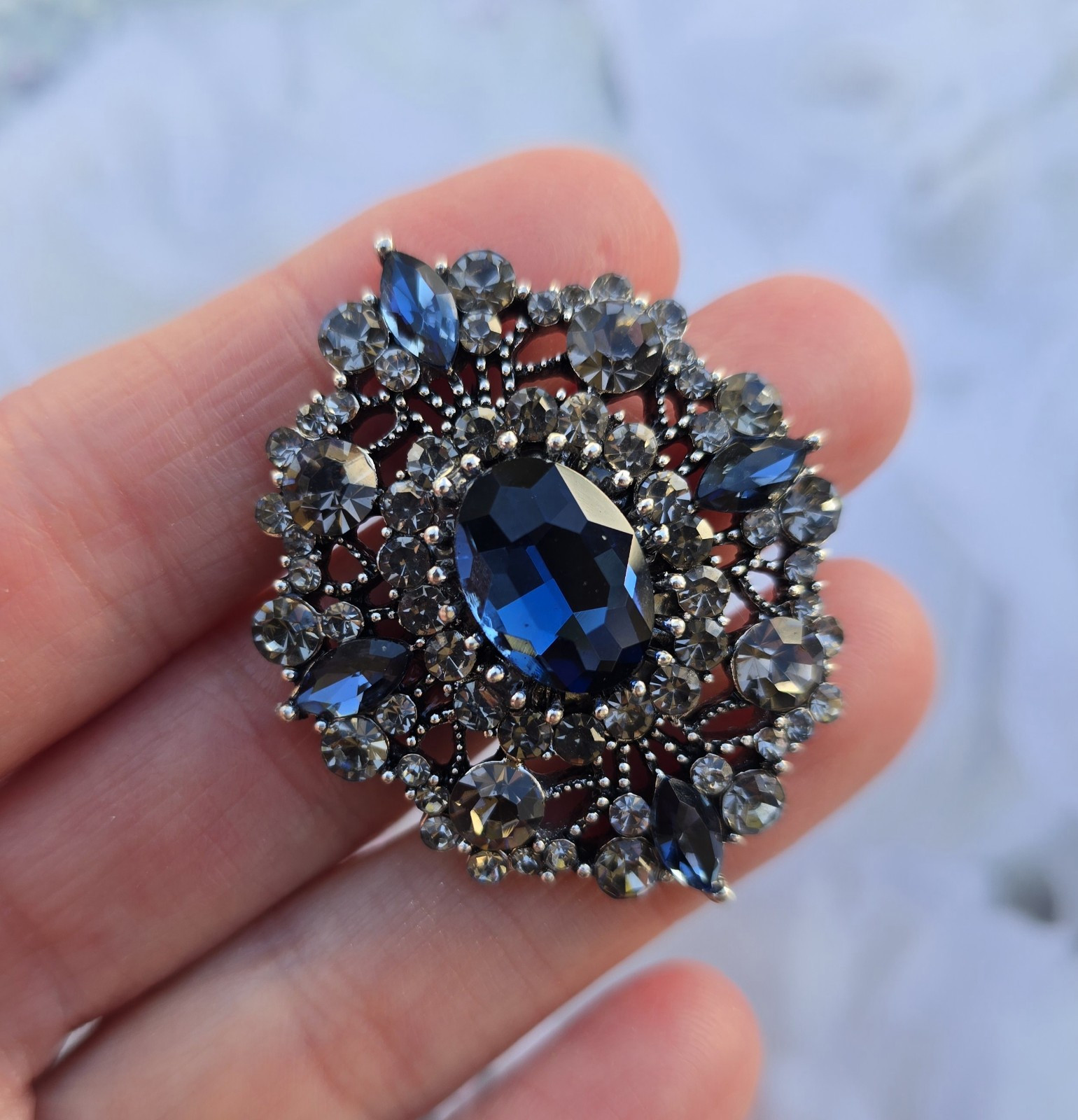 Magnetic Brooch Dark Blue, Gray Crystal. Equestrian show brooch, Fashion Brooch