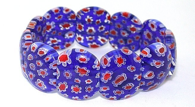 DARK BLUE RED WHITE FLORAL FLOWER MILLEFIORI GLASS 7 INCH STRETCH BRACELET MB2