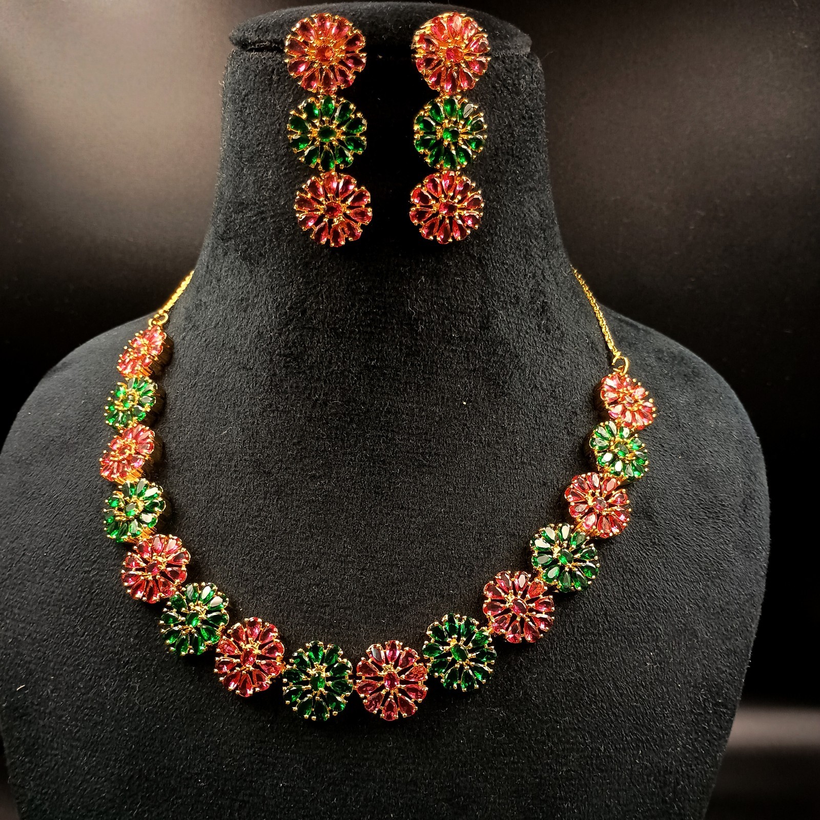 South Indian Wedding Jewelry Set Flower Ruby Emerald 22k Gold Plated Choker Gift