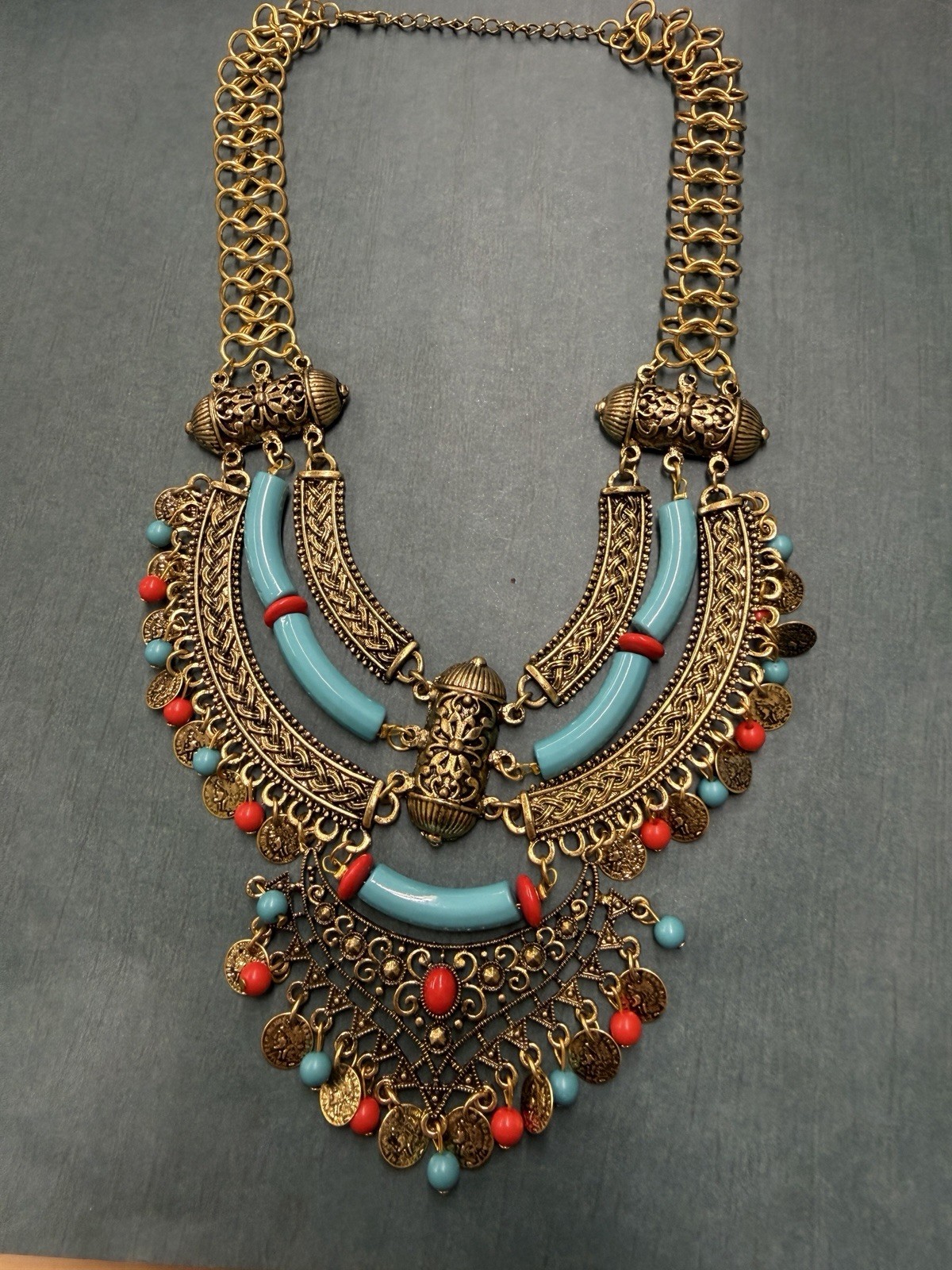 Gold Turquoise Red Bollywood Statement Bib Necklace B15 Cosplay Costume
