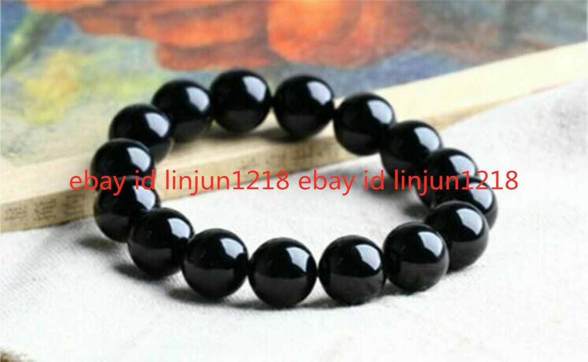 Natural 6mm-16mm Black Agate Onyx Gemstone Beads Bracelet Bangle 7.5”