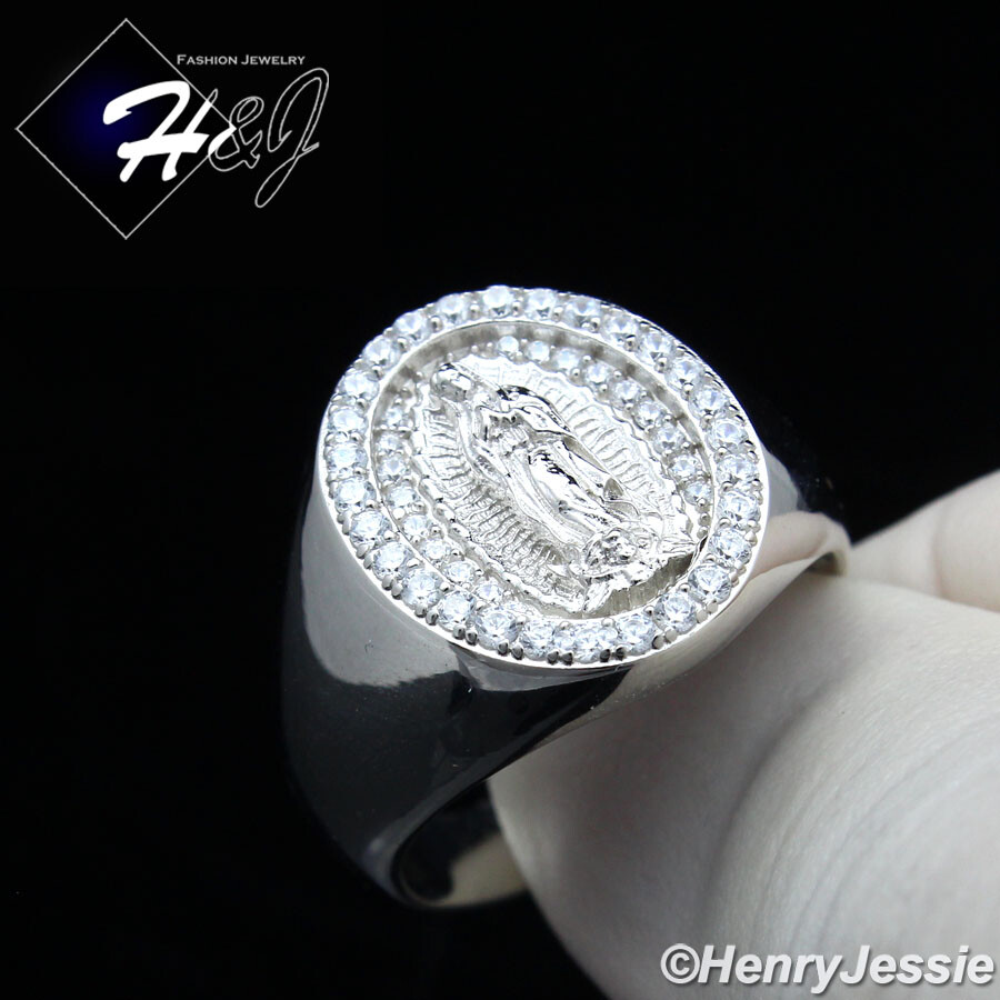 MEN 925 STERLING SILVER ICY CUBIC ZIRCONIA VIRGIN MARY SILVER OVAL RING*SR171