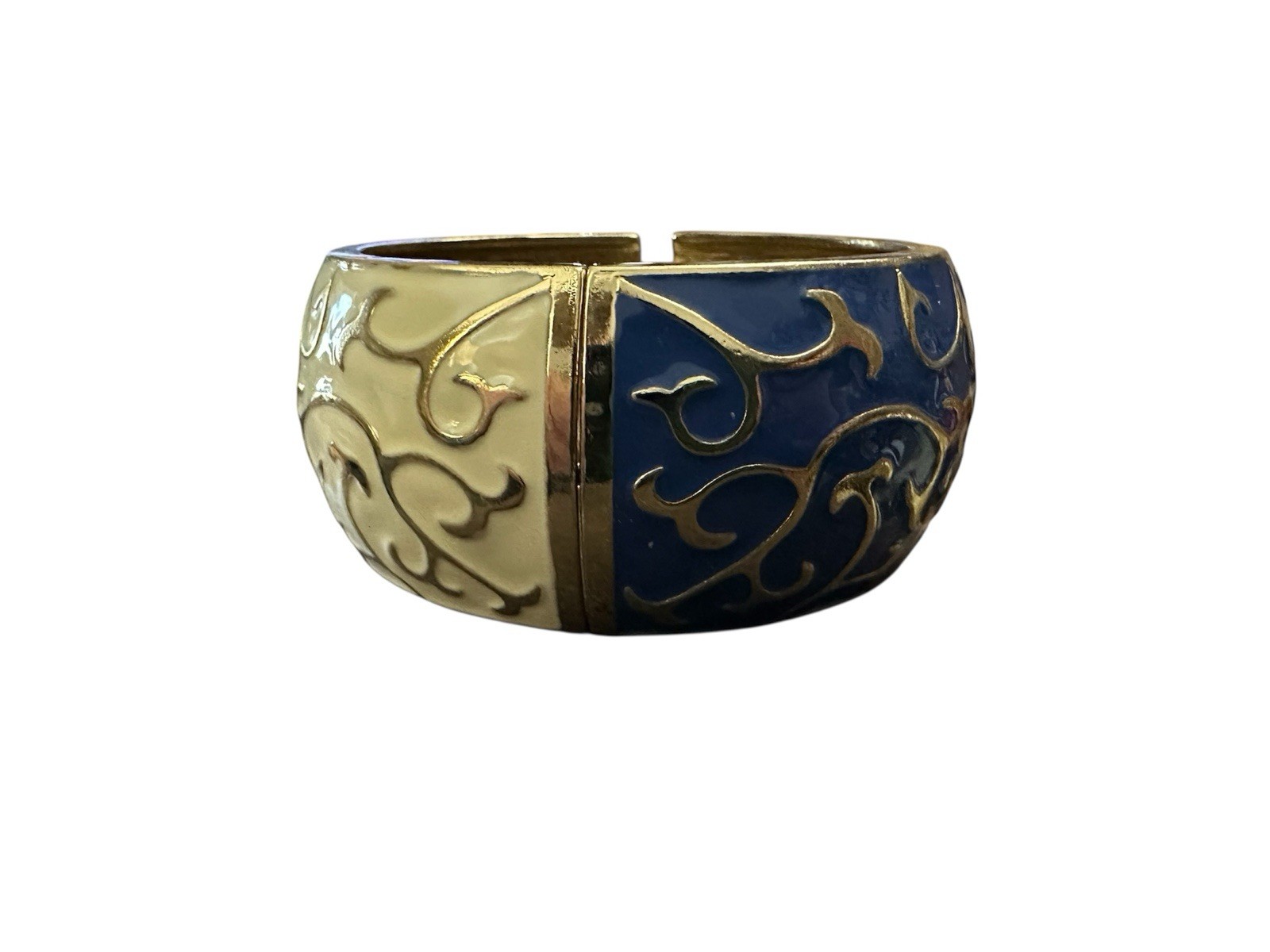 Wide Half Blue And Ivory Enamel Gold Tone Swirl Design Cuff Bracelet