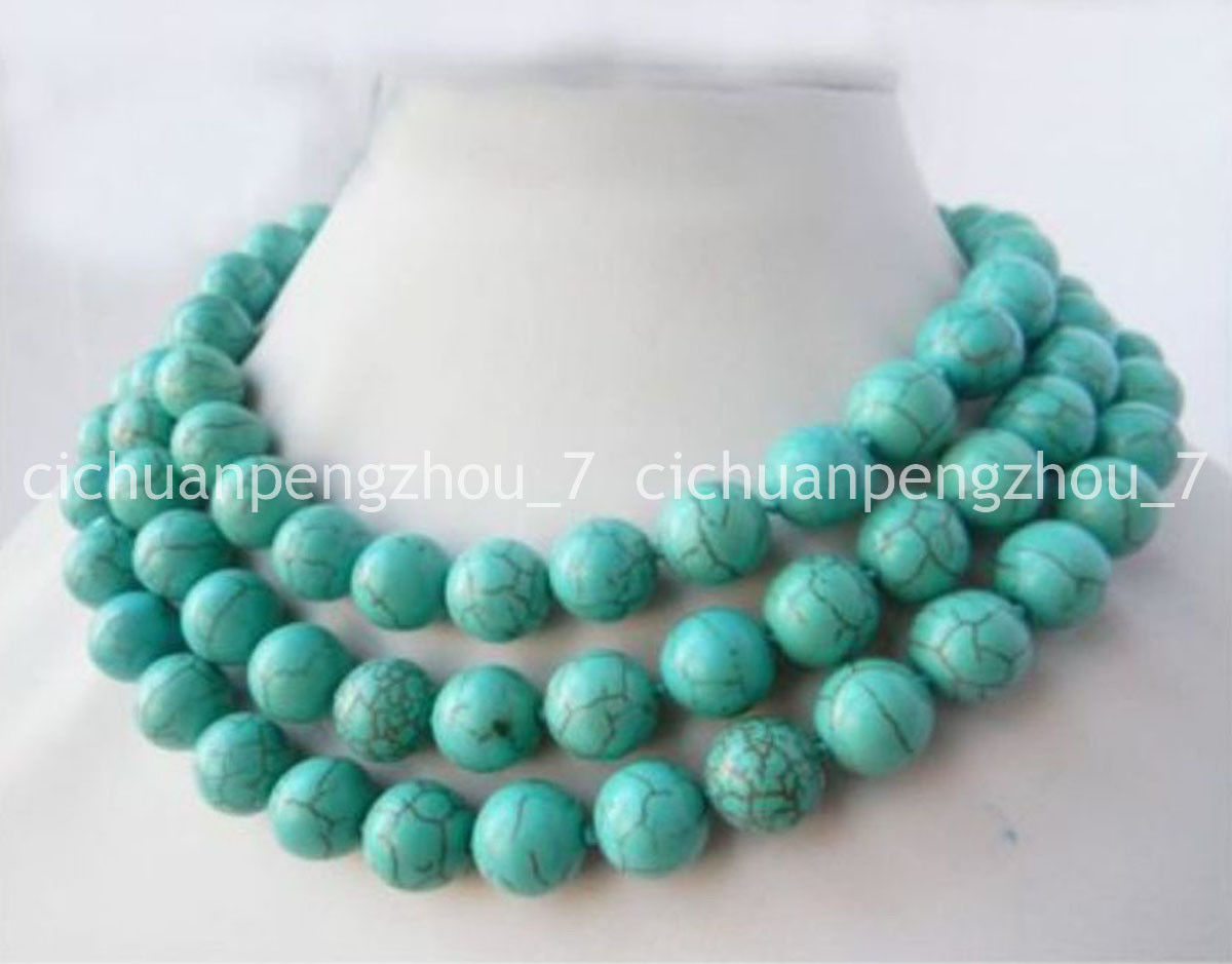 Long 36 inches Natural 10mm Blue Turkey Turquoise Gemstone Round Beads Necklace