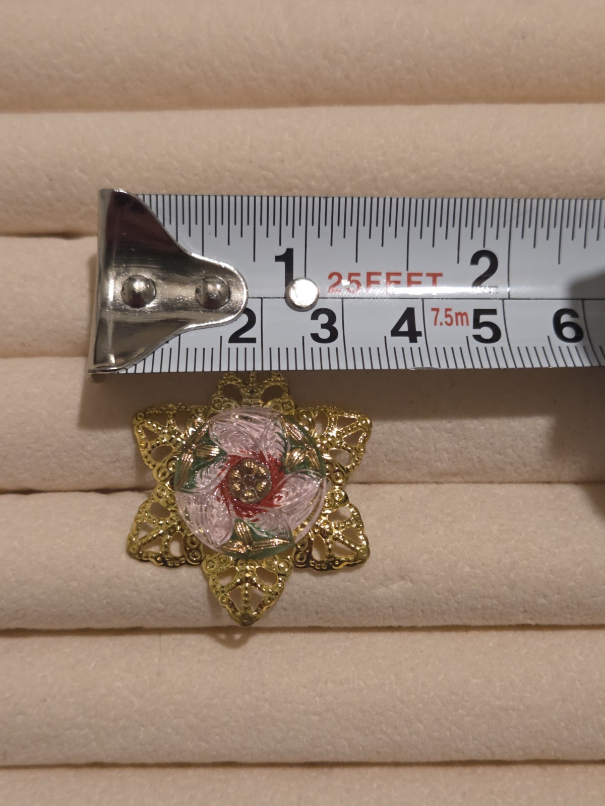 Gold Tone Metal Filigree Flower Brooch Pin w/ Pink Green Red Czech Glass Button