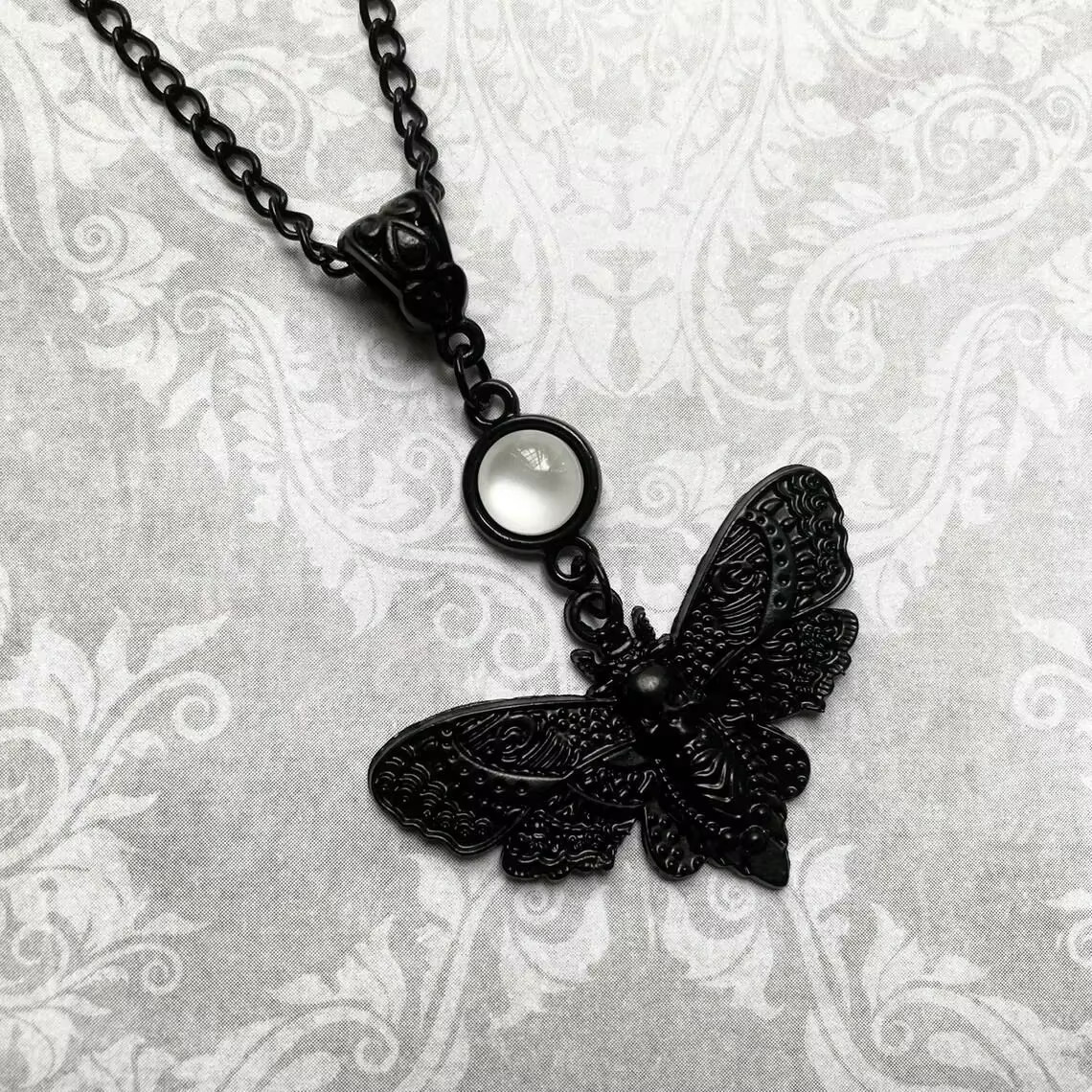 Black Death Head Hawk Moth Necklace Gothic Open Wings Insect Pendant Unique Gift