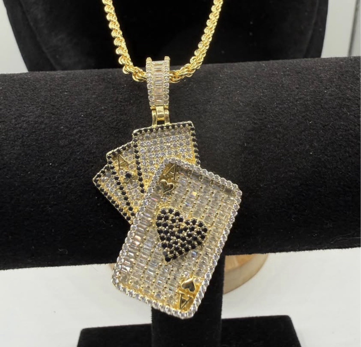 Moissanite Ace Cards Pendant w/ 20” Rope Chain-Gold Over 925 Silver