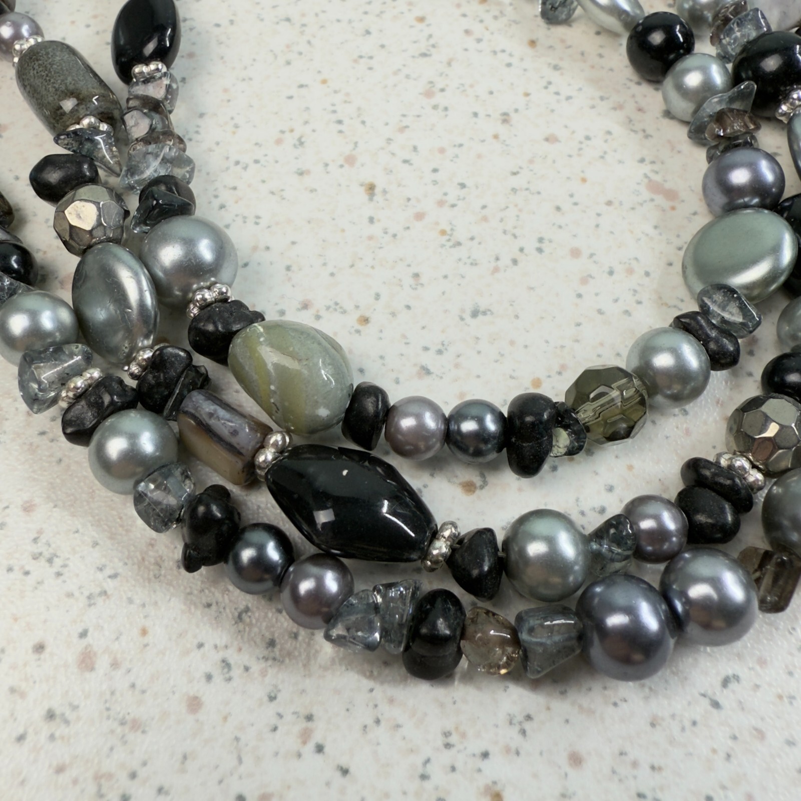 Metallic Black Silver Gray Chip Stone Beaded Multi Strand Necklace Earring Set