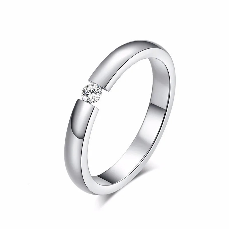 Stainless Steel Ring Simulated Zirconia 3mm Thin Solitaire Engagement Jewelry