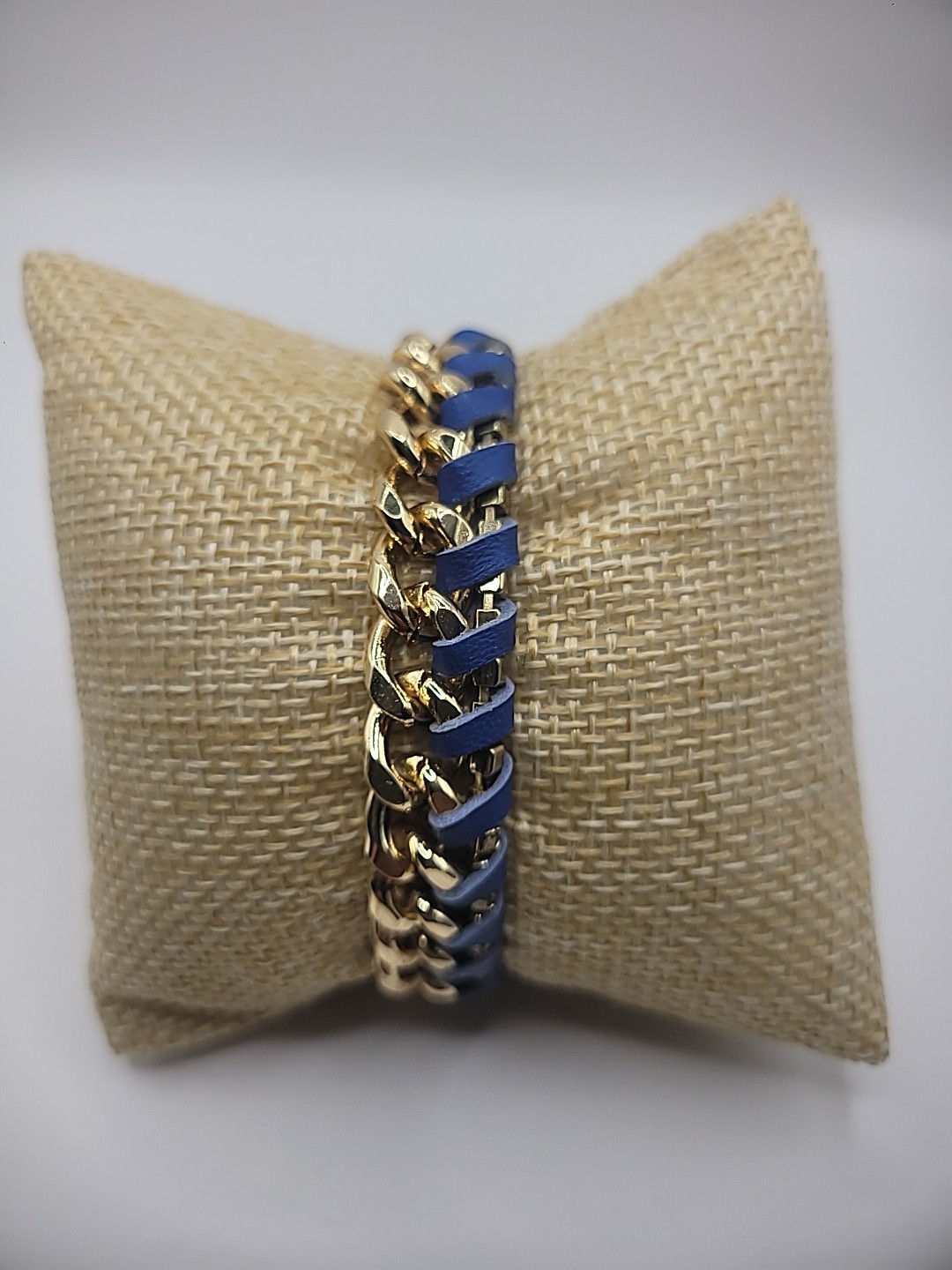 Vintage Ettika Bracelet Gold Tone Chain Leather Braided Blue Purple Jewelry