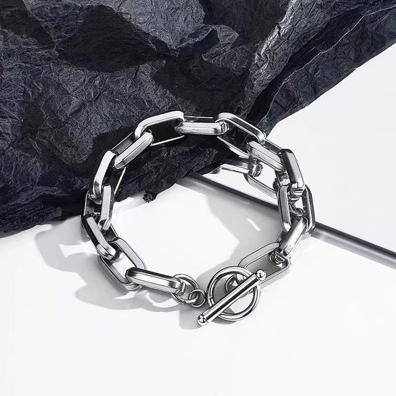 Mens Punk Titanium Steel Chain Curb Cuban Link Bracelet Gifts Silver 7.5/8.3in