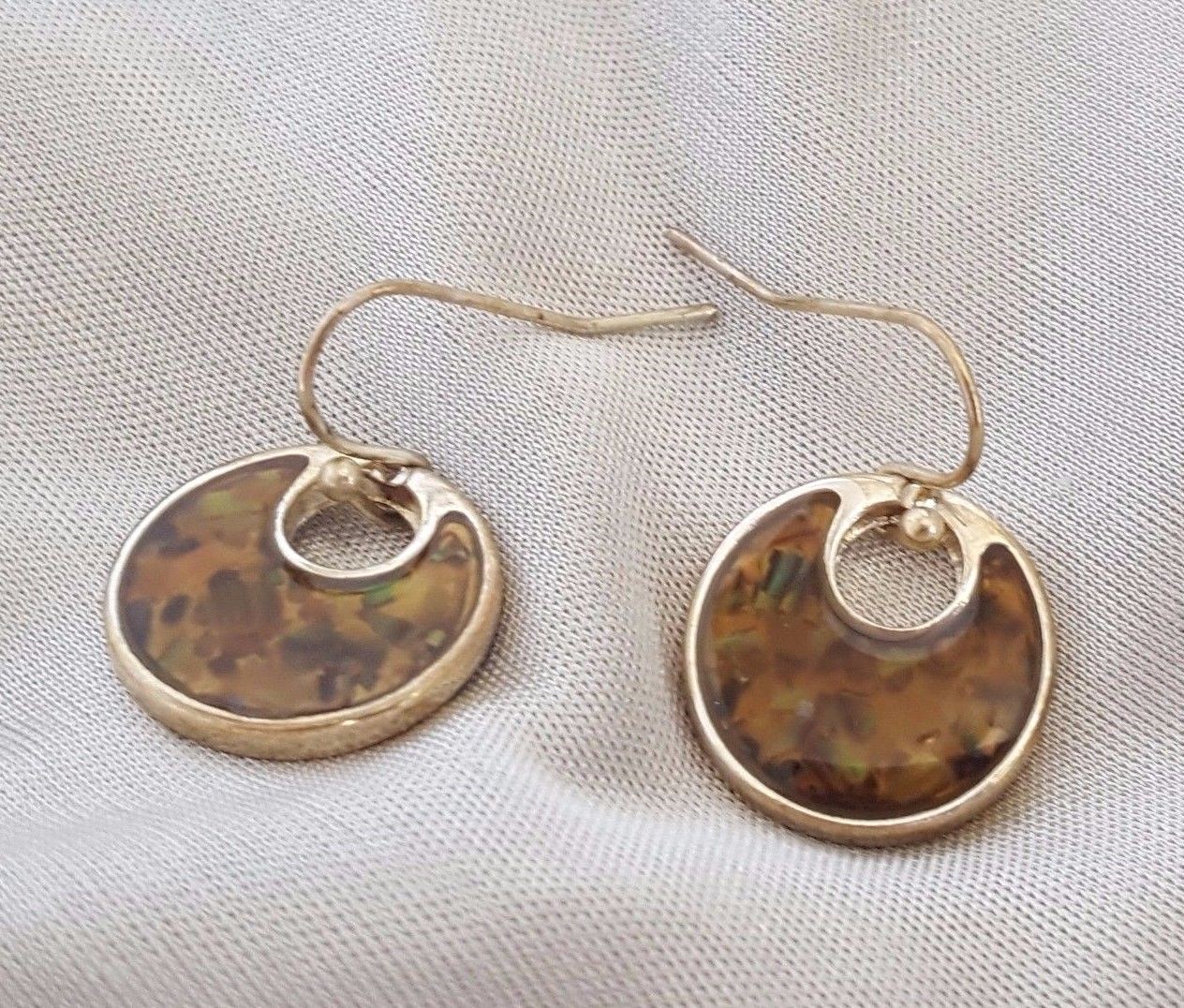 Earrings Hook Circle Moon Shape Glass and Metal Bronze Yellow Green Specked
