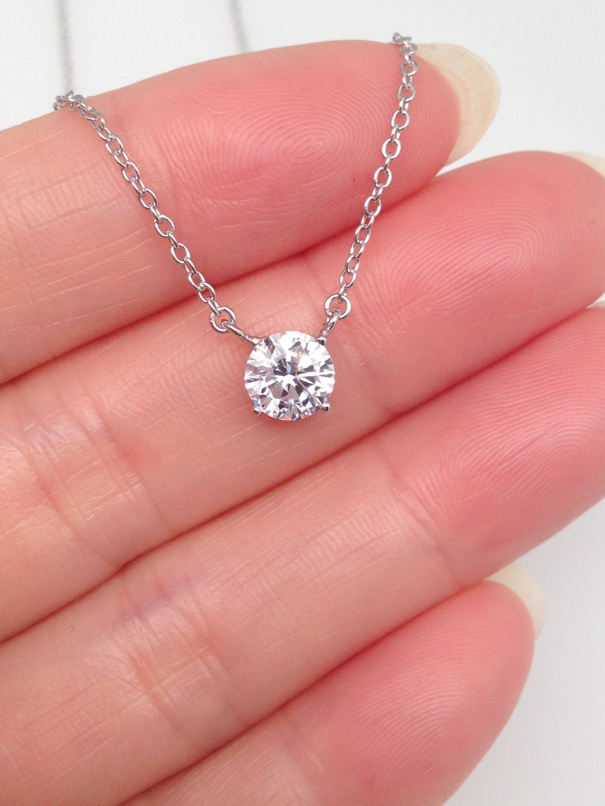 925 Sterling Silver Small Cz Solitaire Pendant Necklace Round 5.8mm 17.25″