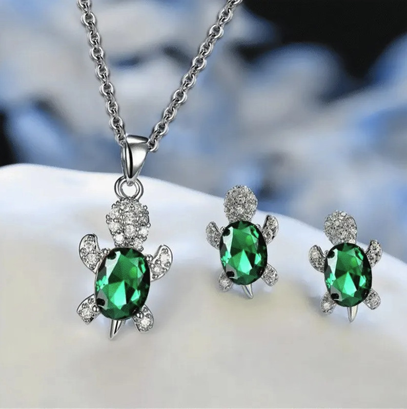 3pcs Turtle Jewelry Set Necklace Earrings Multi Color Crystal Gift – NEW