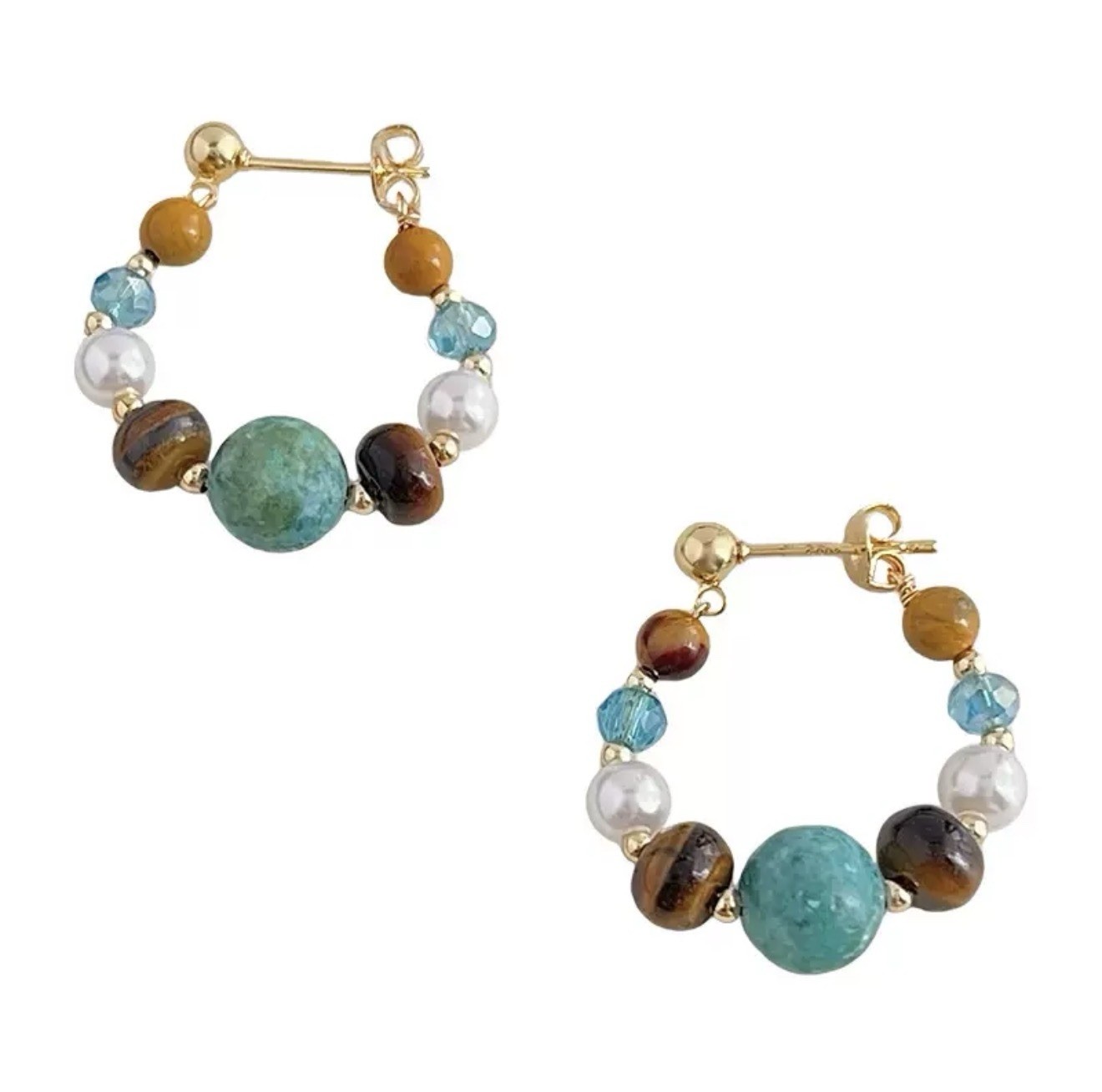 Handmade Natural Turquoise Tiger Eye Hoop Earrings, 925 Silver Post