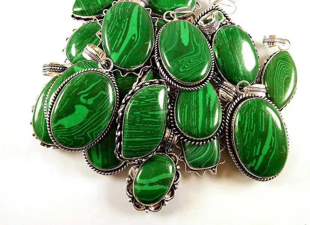 Gift Malachite Gemstone 925 Sterling Silver Plated 20Pcs Pendants Lot Jewelry