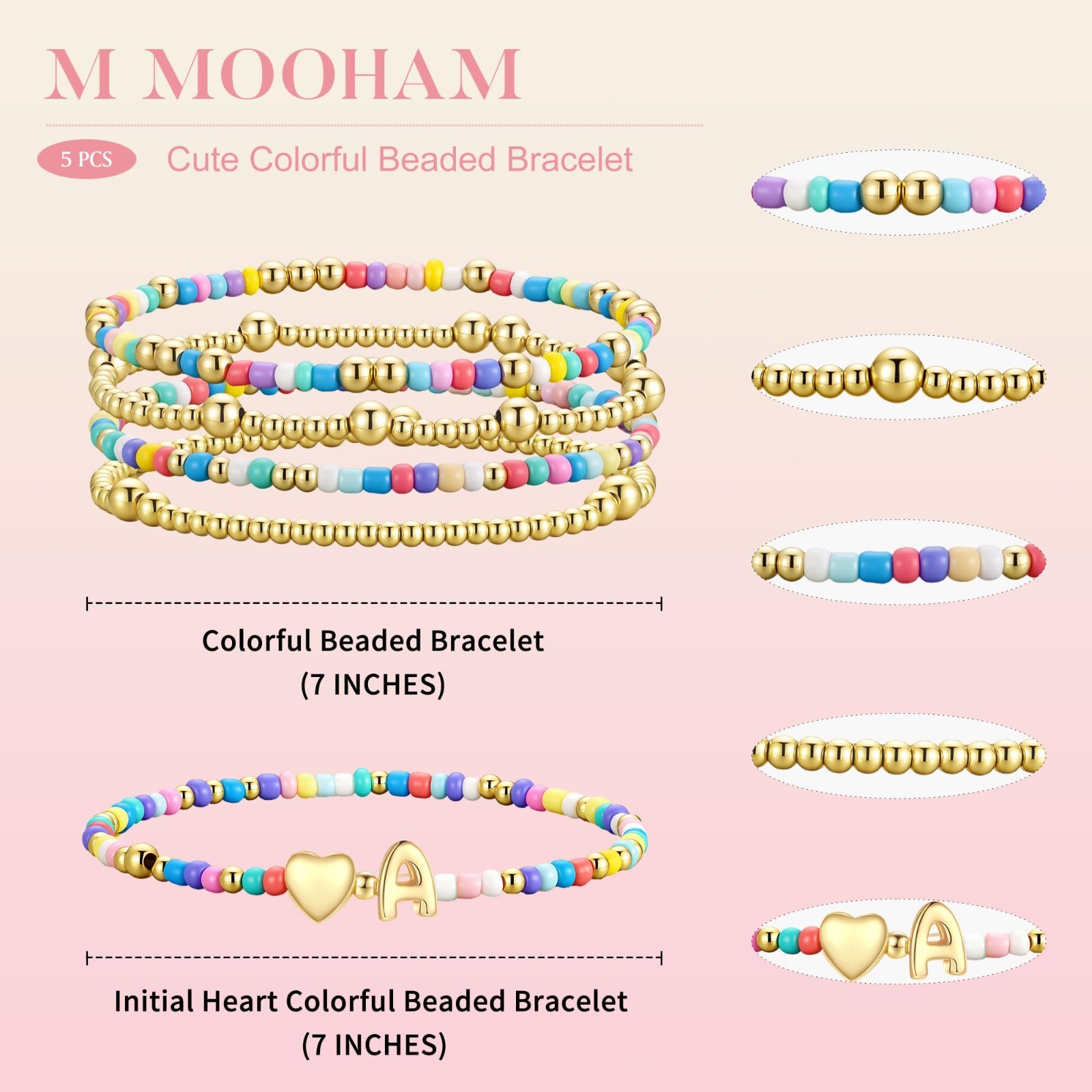 Colorful Beaded Bracelets Set – 5PCS Cute Heart Initial Stretch Jewelry for Girl