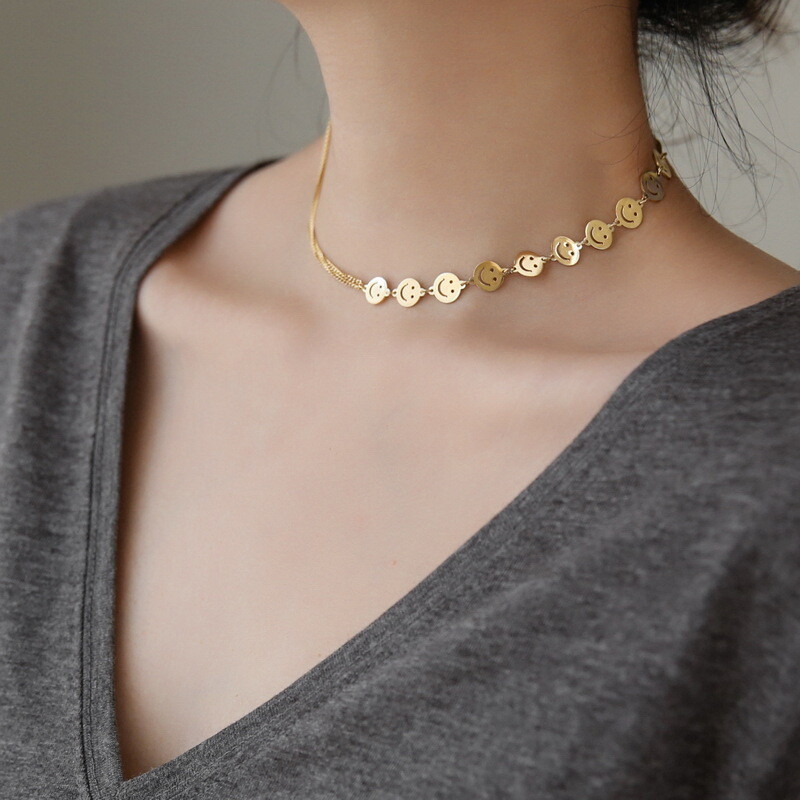 Woman 18K Gold Plated Real Stainless Steel Smile Two Layers Chain Choker