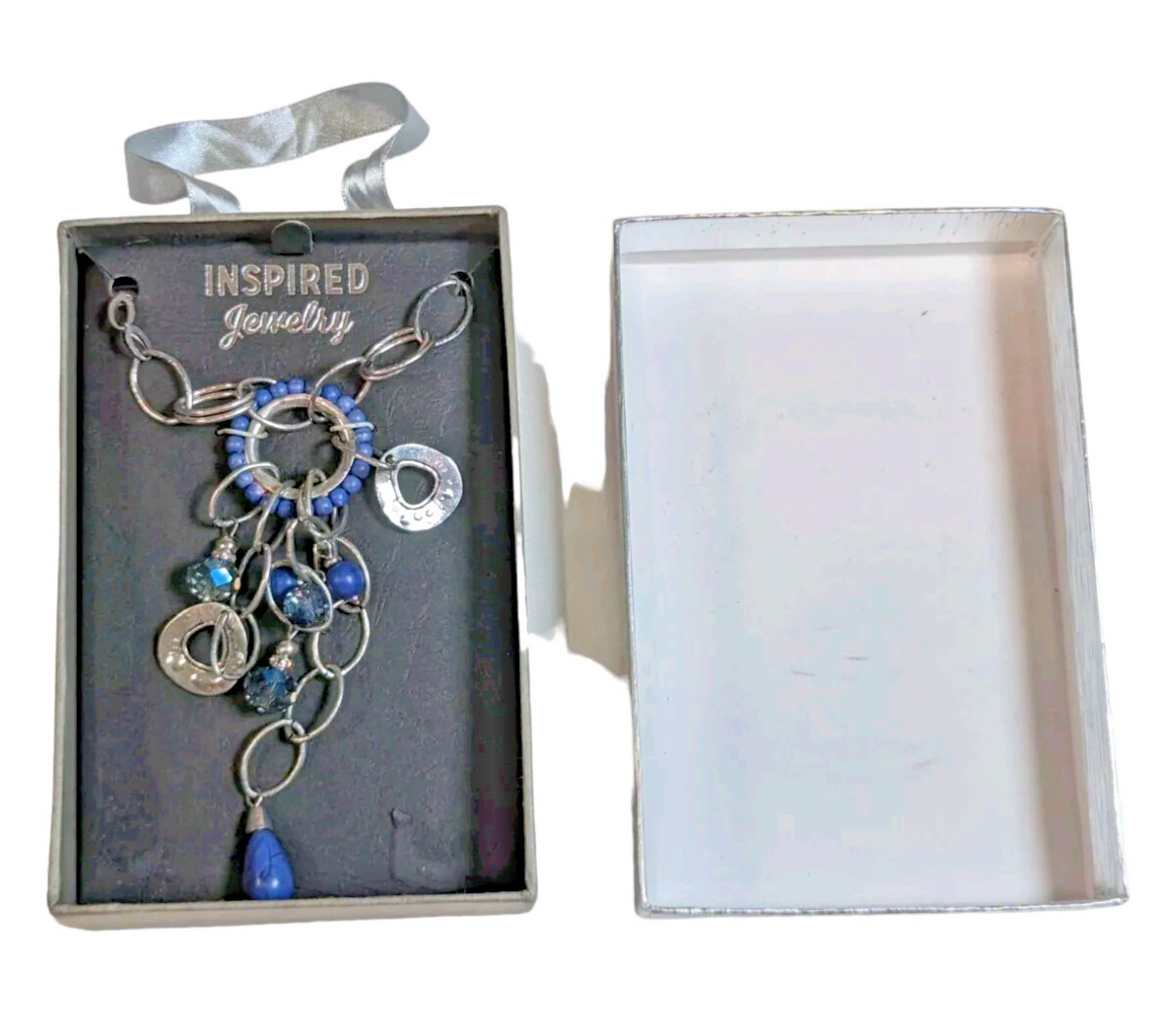 Women’s Inspired Jewelry Silver Tone & Blue Beads Crystals 26″ Necklace W/ Box
