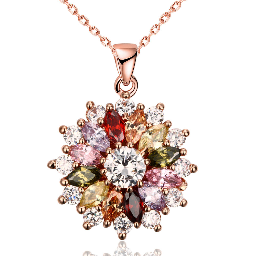 18K Rose Gold Plated Multi-Color Zircon Flower Pendant Necklace For Women Gift