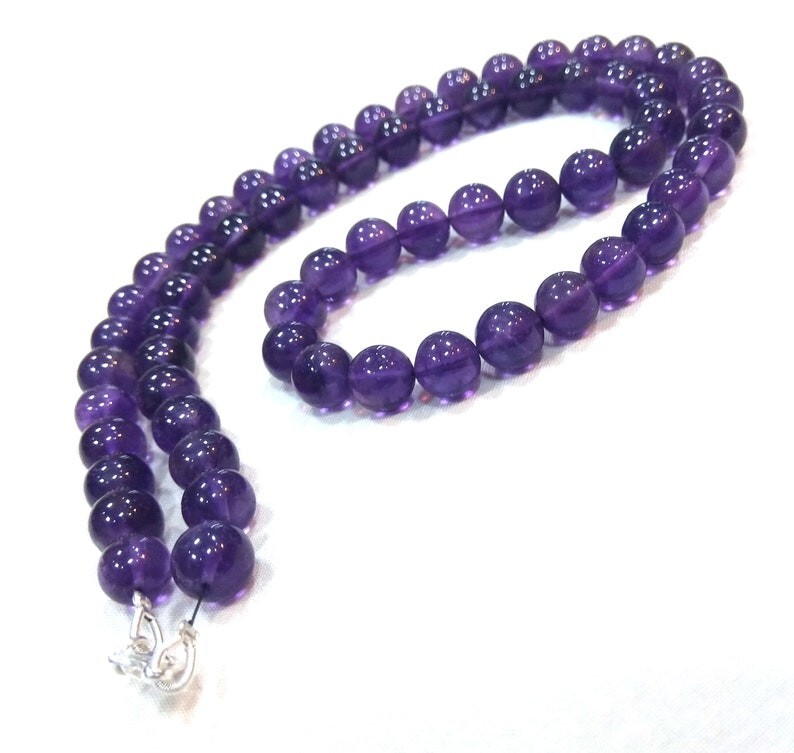 Natural Amethyst Smooth Round Gemstone Beaded February Birthstone Necklaces 24”