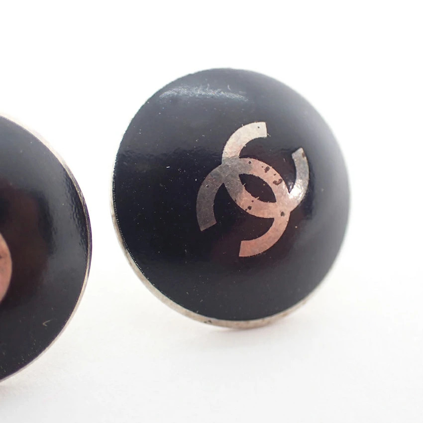 CHANEL Round Button Studs Earrings Black & Silver Metal CC Logo 00T Authentic