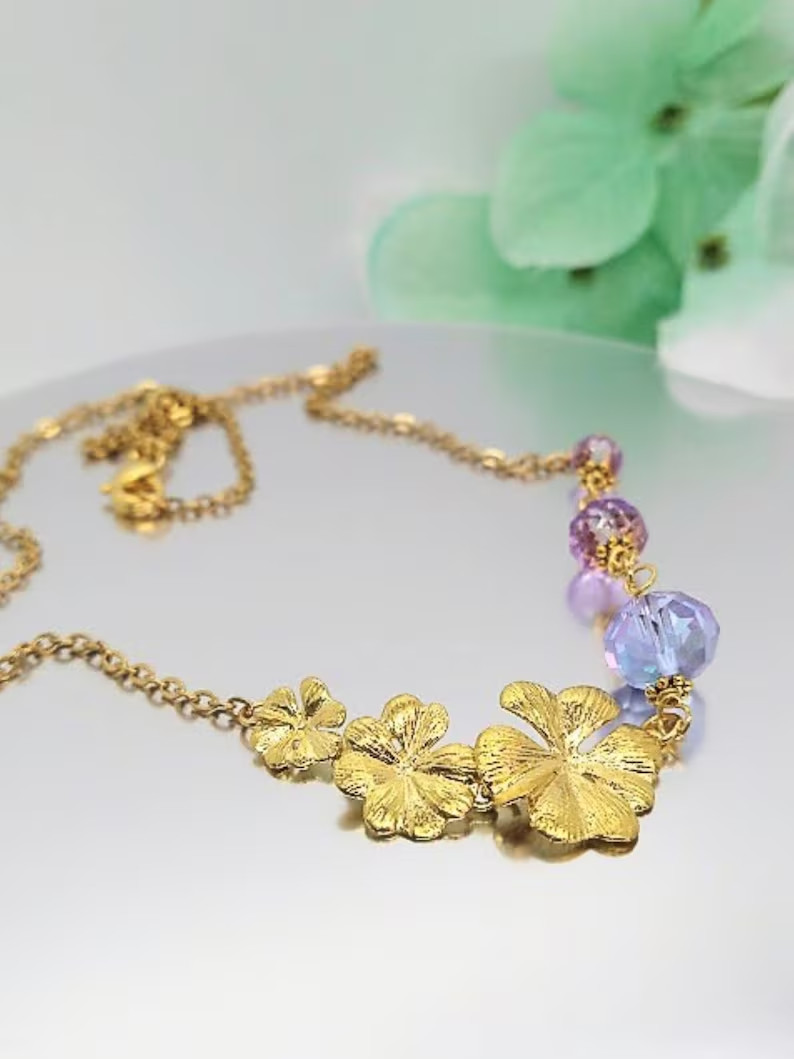 24kt Floral Necklace Gold Flower Chain Minimalist Jewelry Bridal Necklace