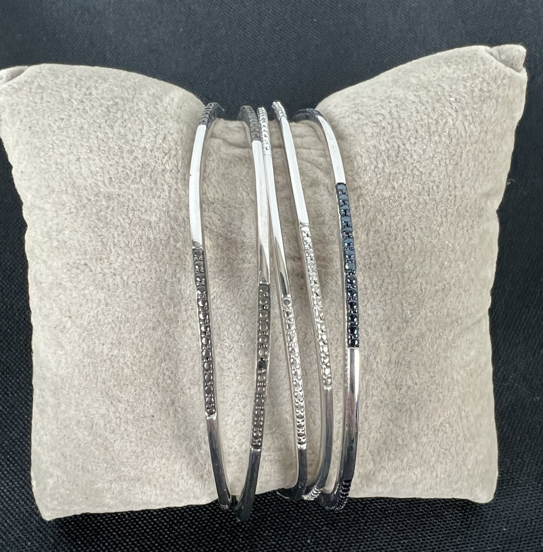 Set of 5 Silver Over Brass Bangle Bracelets 1/10 CTTW Color Enhanced Diamonds