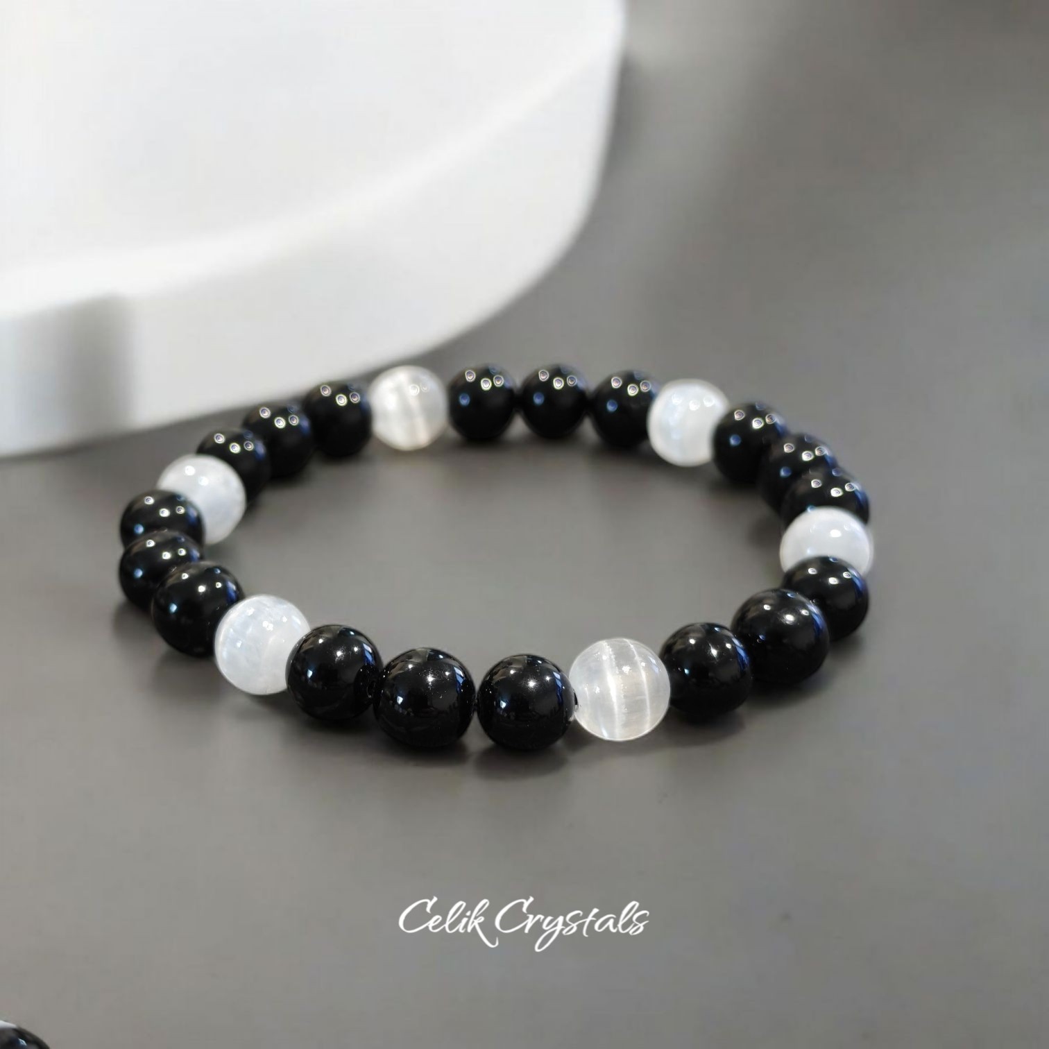 Black Tourmaline And Selenite 2 Piece Bracelet Set 8mm Unisex