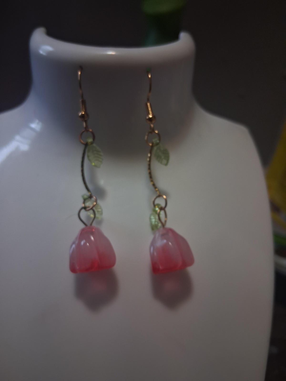 Pink Flower Floral Dangle/Drop Hook Earrings Green Leaf Accents No Stone