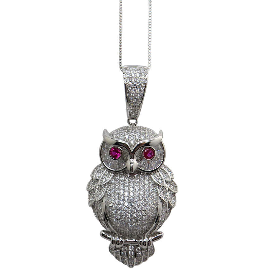 Iced Out Bling Sterling Owl Pendant with 20″ Chain