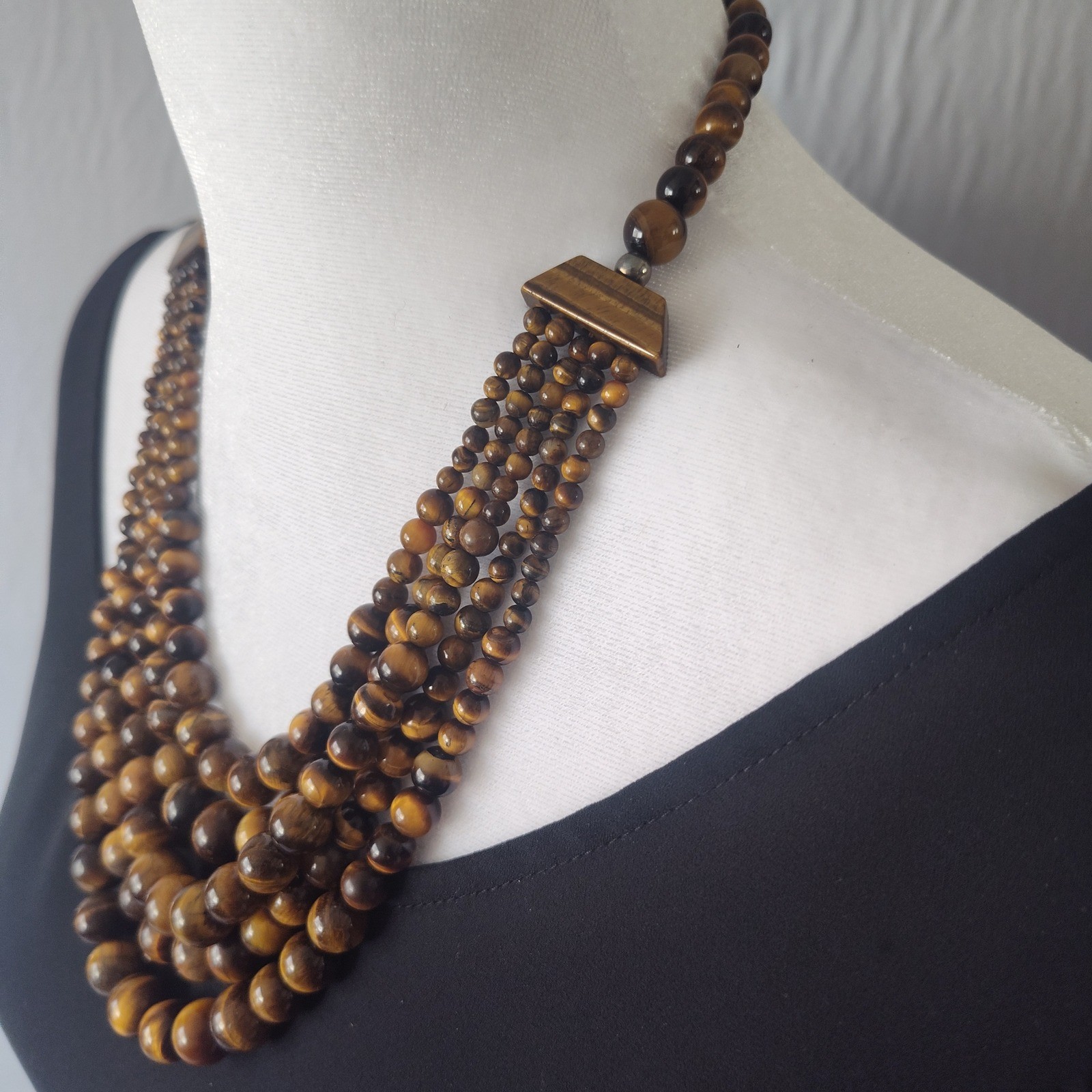 Tigers Eye Multi Strand Bib Statement Necklace Graduated Beaded Brown Gemstone