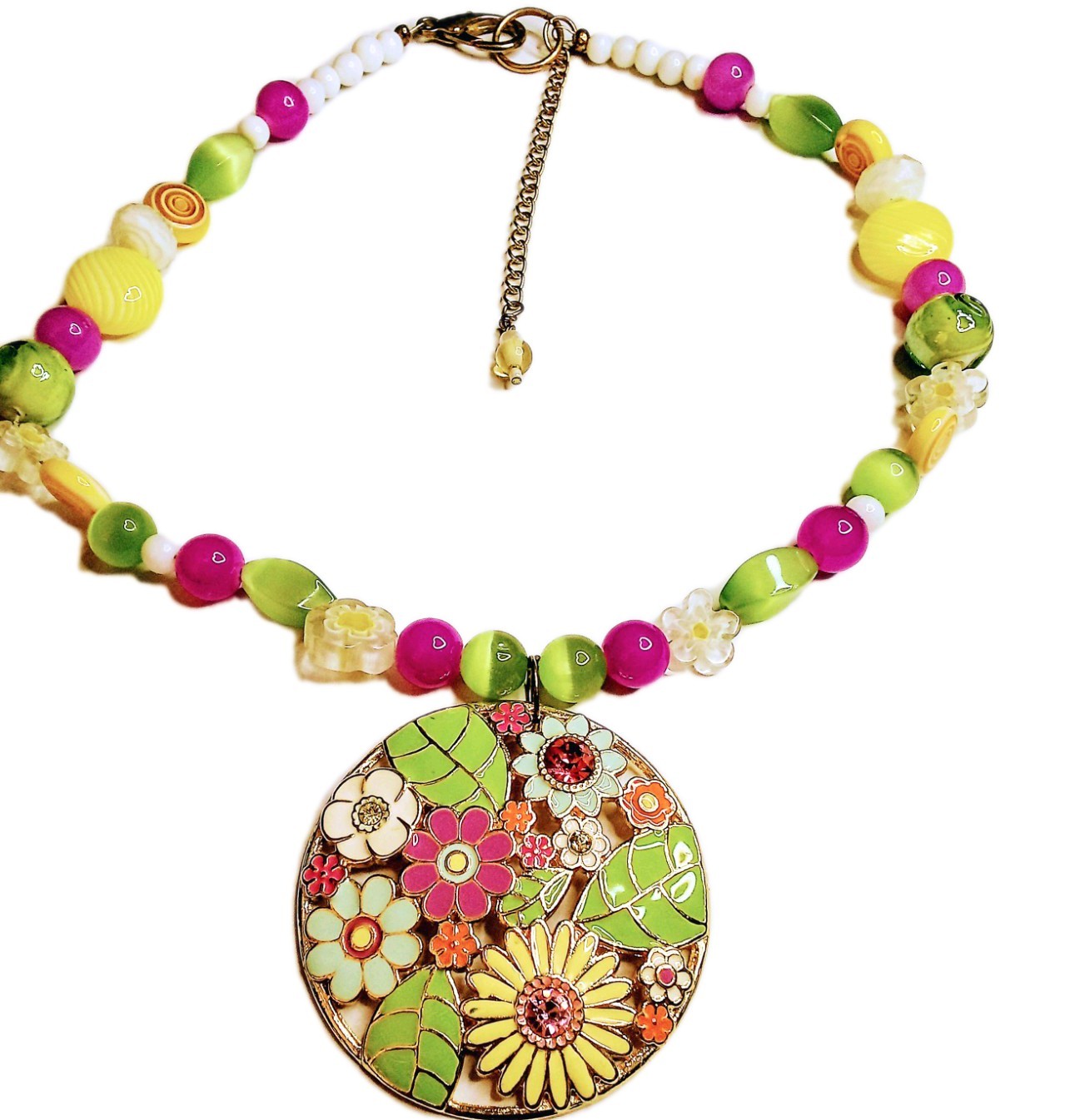 Floral Multicolor Enamel Gold Tone Pendant With Glass Beads Necklace