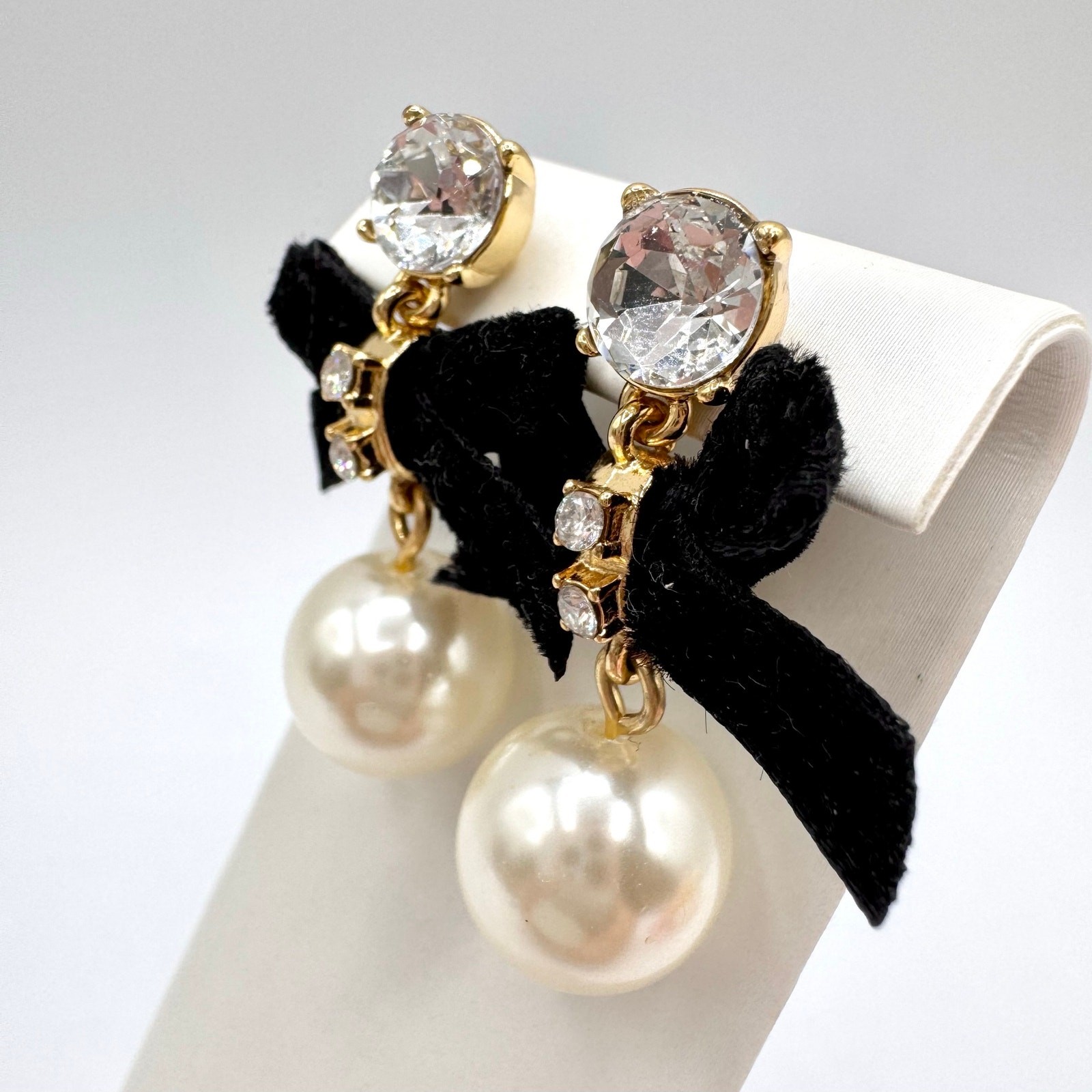 J.Crew Black Velvet Bow Faux Pearl Rhinestone Drop Earrings Black Tie Fancy Gala