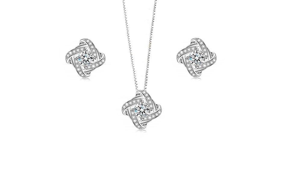 Women’s 18k White Gold Plated Love Knot Pendant Necklace & Earrings Jewelry Set