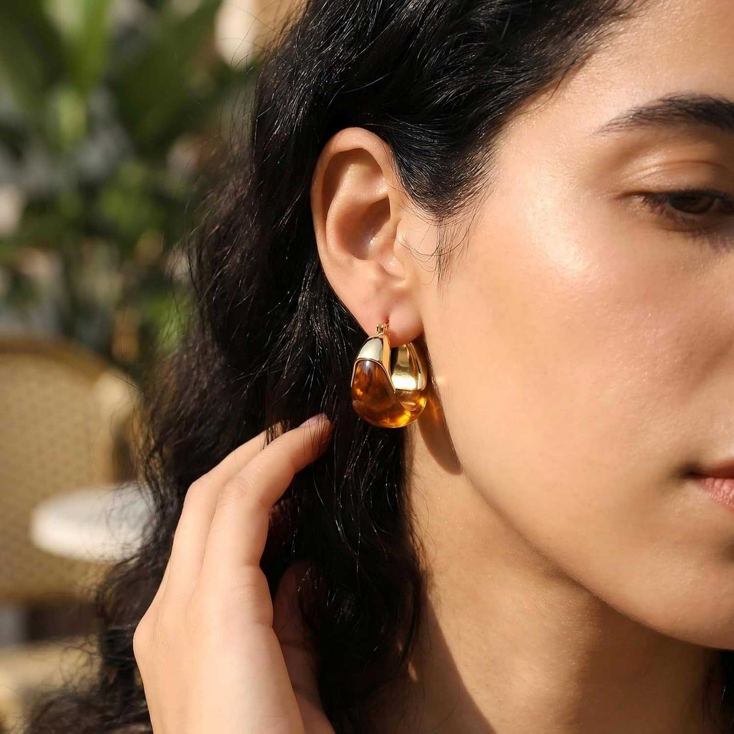 Amber Resin Hoop Earrings for Women 14K Gold Plated – Hypoallergenic Chunky Gold
