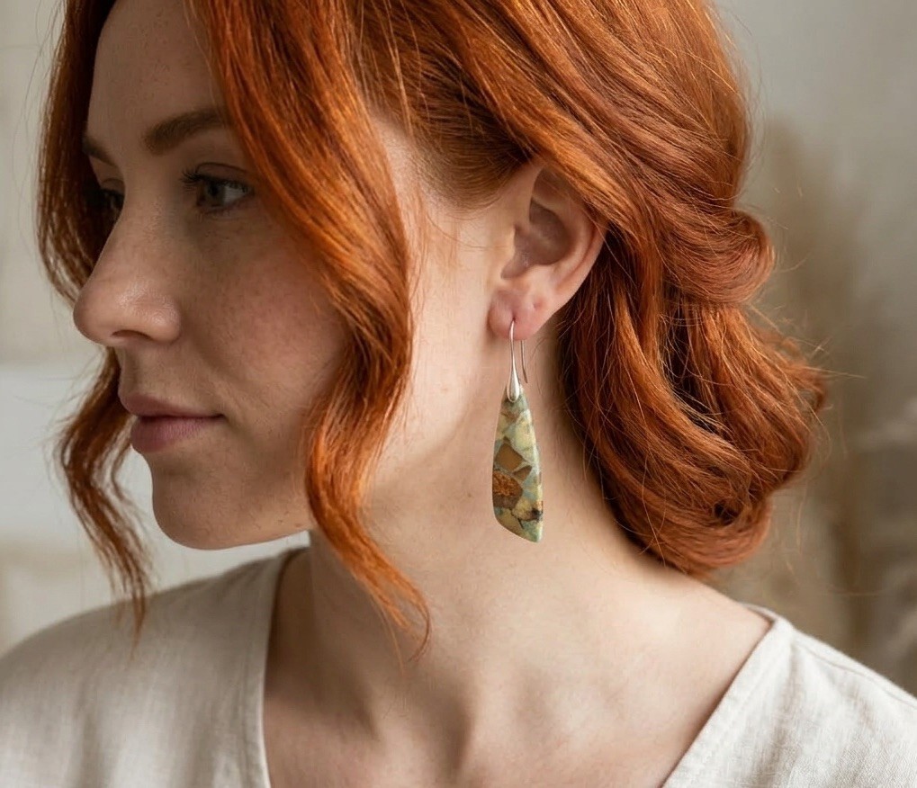 Chico’s Jasper Earrings Gold Boho Gemstone Art Deco Statement VTG Natural Retro