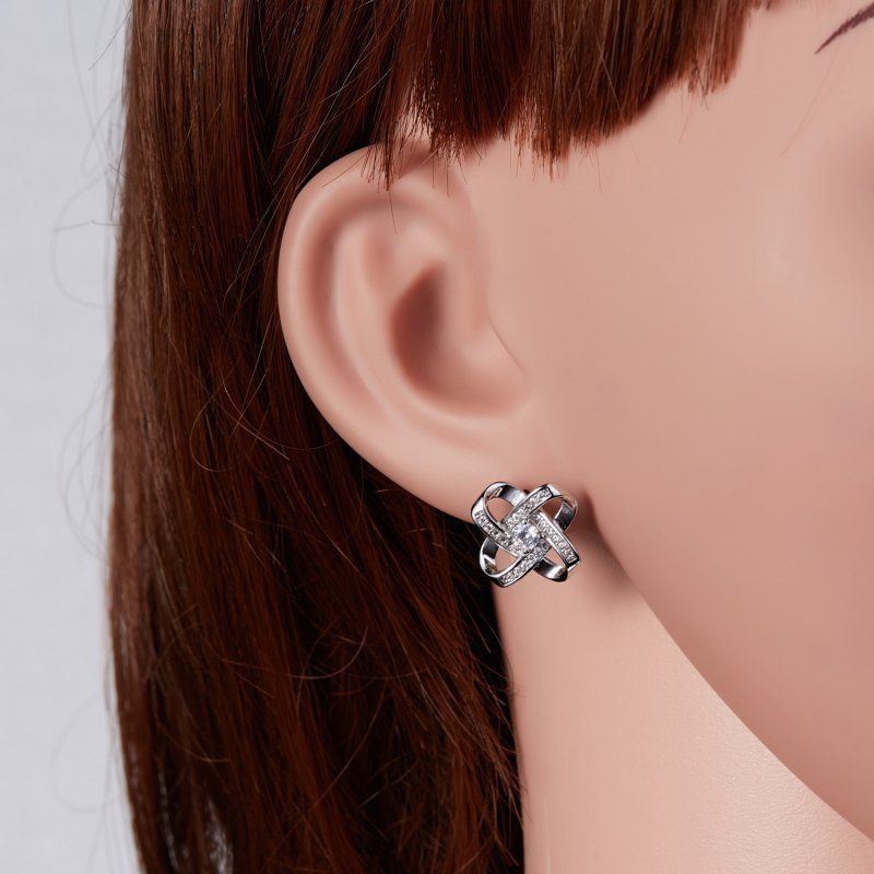 Pretty New White Gold Plated Silver Clear CZ Accented Love Knot Stud Earrings