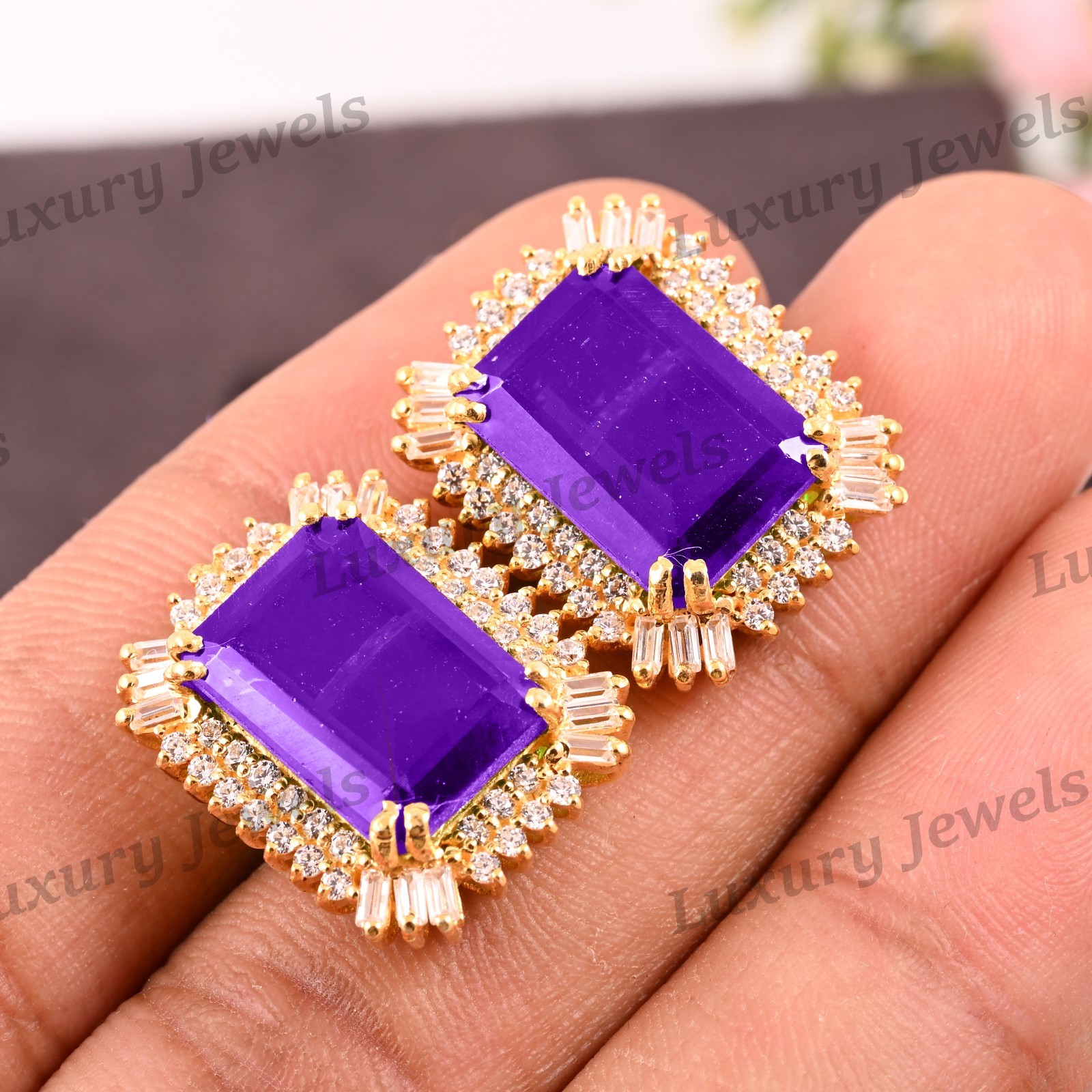 Handmade Amethyst 925 Sterling Silver Stud Earrings Fine Jewelry Women