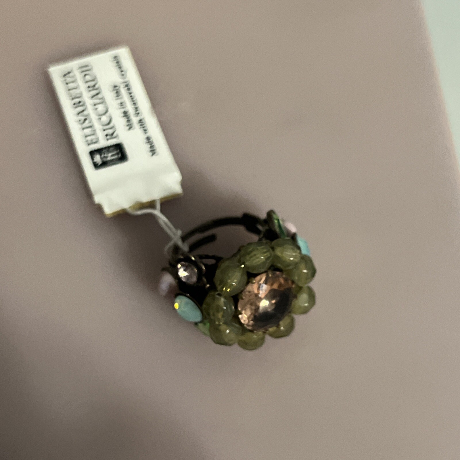 Elizabetta Ricciardi Adjustable Crystal Ring. NWT. Green & Brown Flower