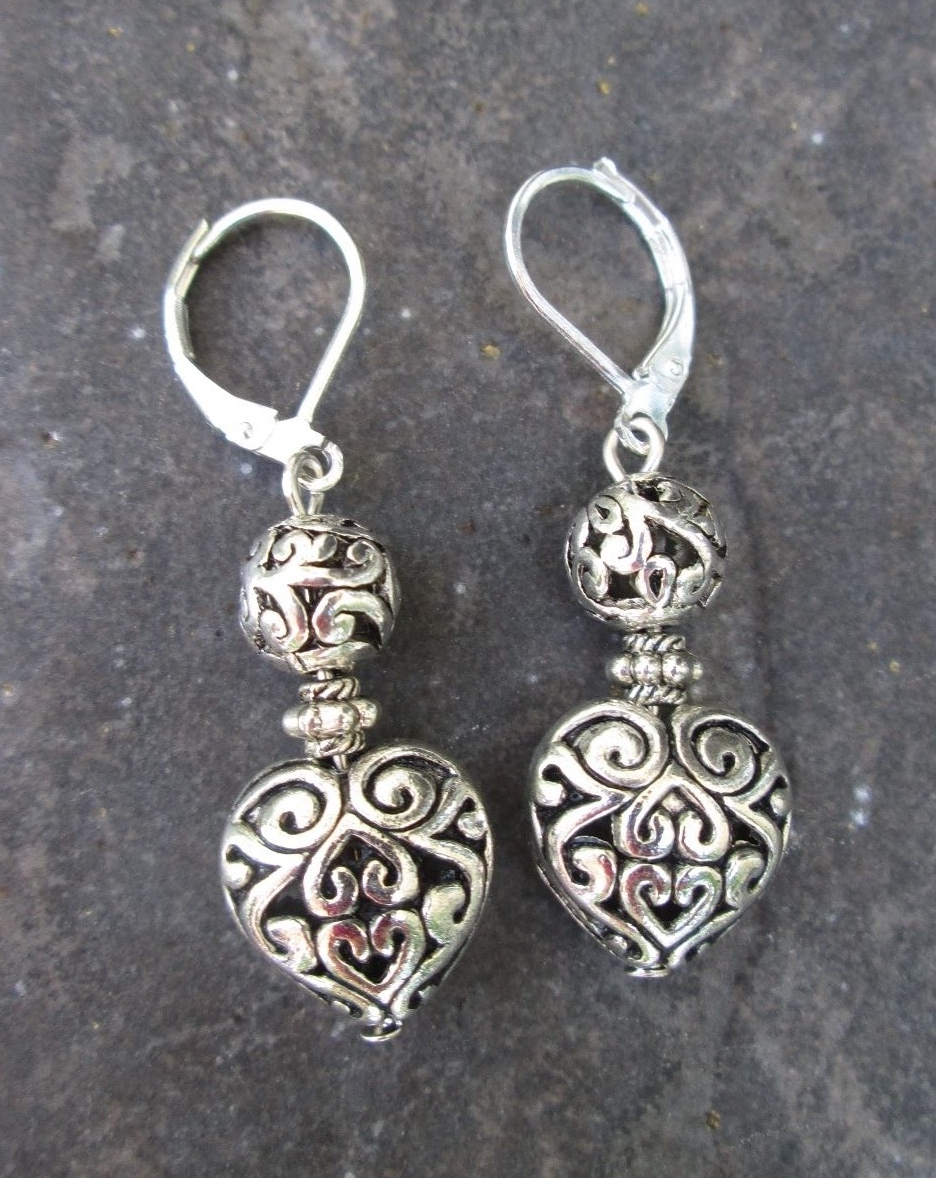 Silver Filigree Puffed Heart Earrings with Sterling Silver Leverbacks