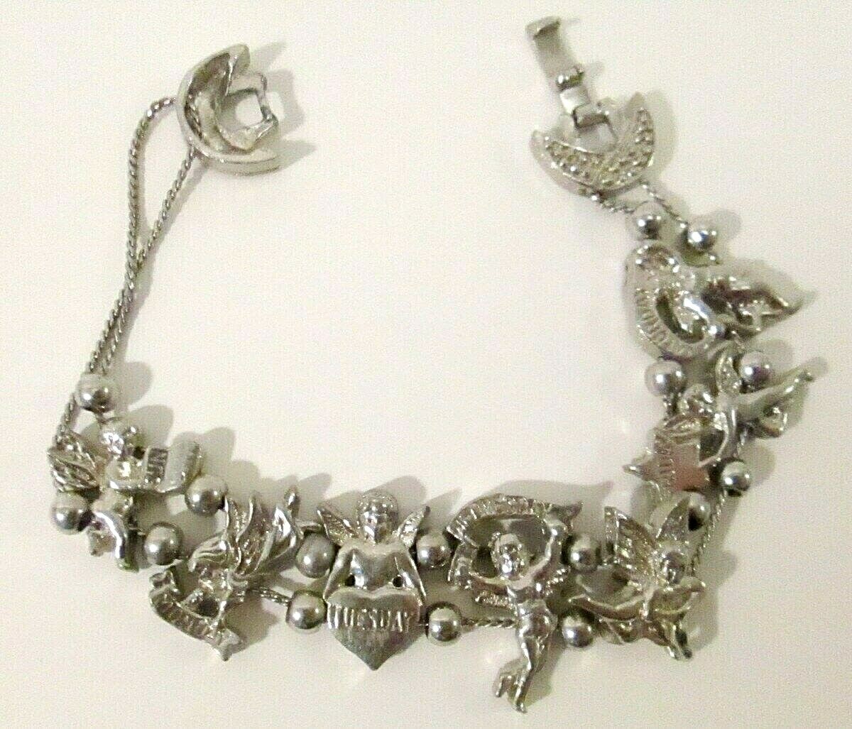 Cupid / Angels Day of the Week Bracelet Silver Tone Fold Over Clasp