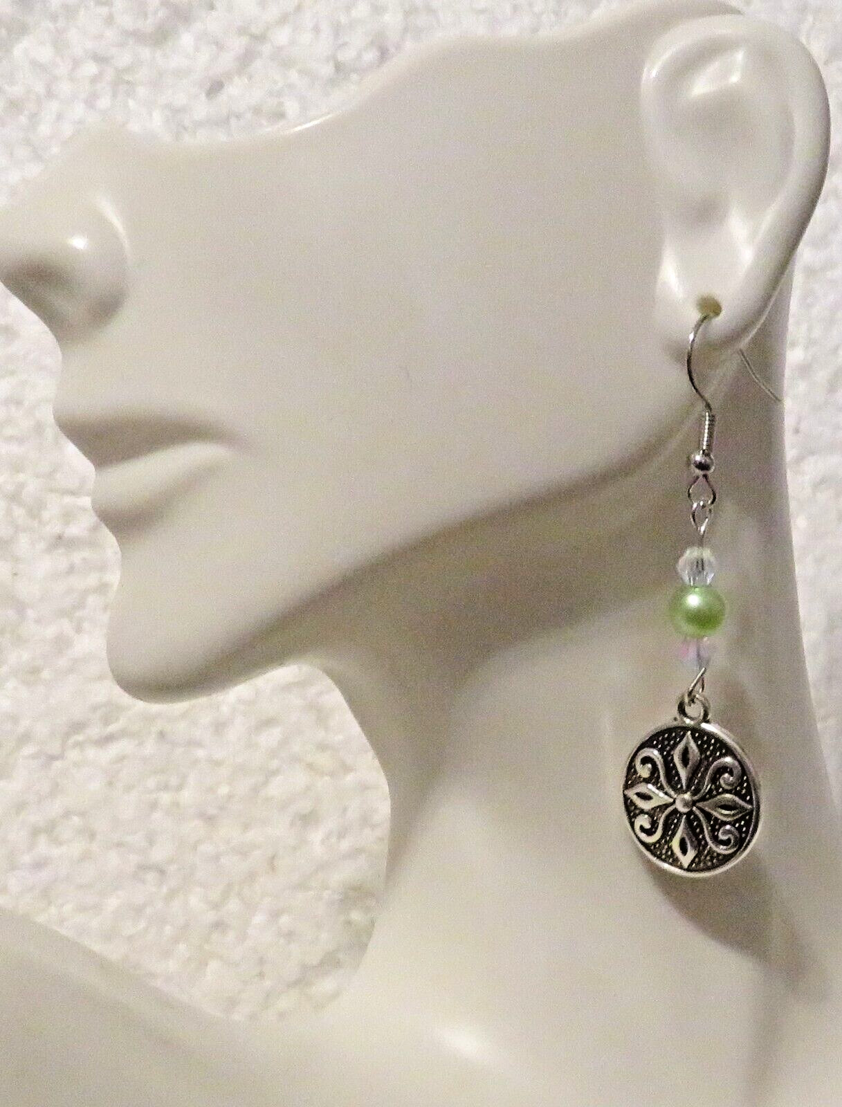 Small Ornate Flower Dangle 1.75″ Hook Earrings Mint Green & Crystal Accents